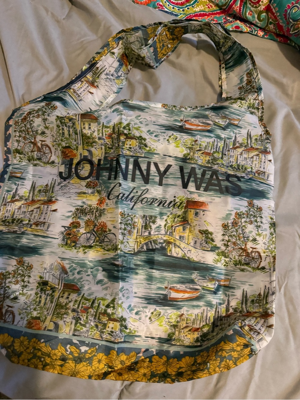 Johnny Was Scenic Print Tote in Teal, Yellow and Green